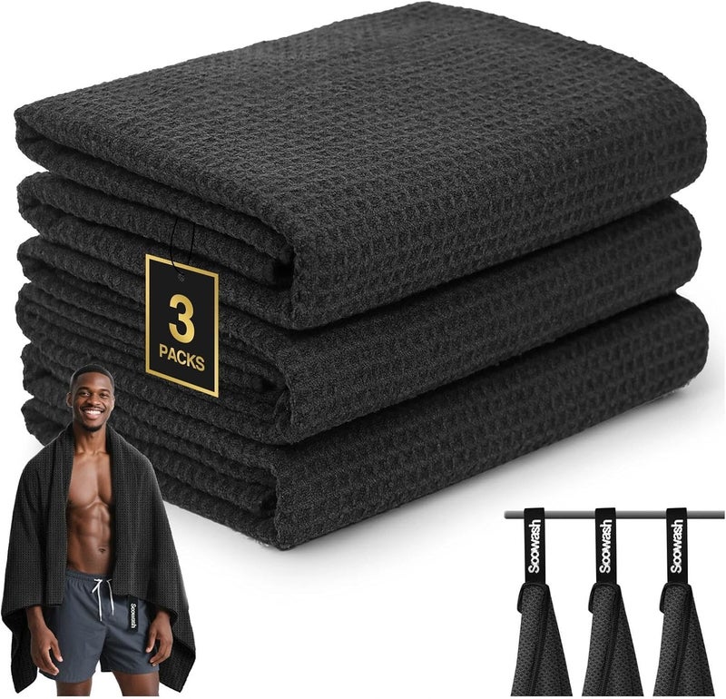 SOOWASH Microfiber Sweat Towel Quick Dry Lightweight Absorbent 3 Pack，Fast Drying 27‘’ X 55‘’ Negative Ions Odorless Gym Towels for Men & Women Yoga Sports Travel Outdoor Camping Gym (Large Black) - Image 1